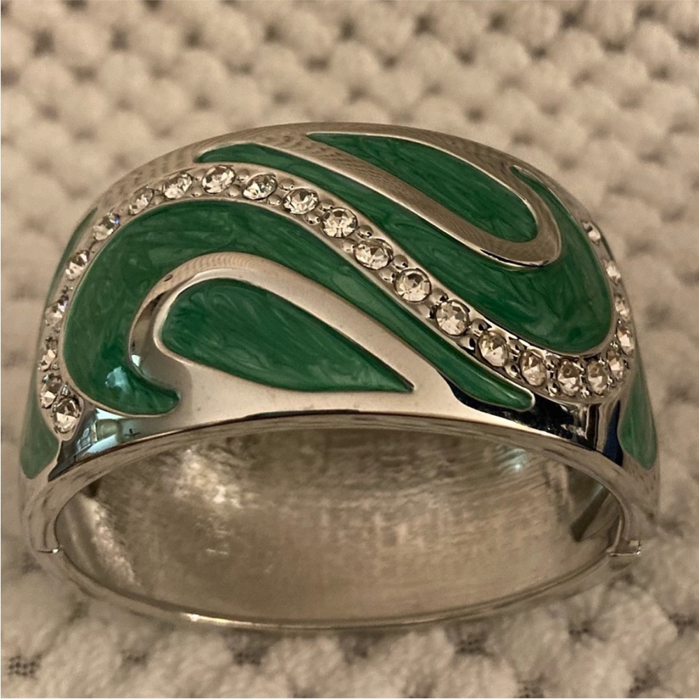 Silvertone Green Enameled Bangle Bracelet with White Austrian Crystals - Picture 5 of 12